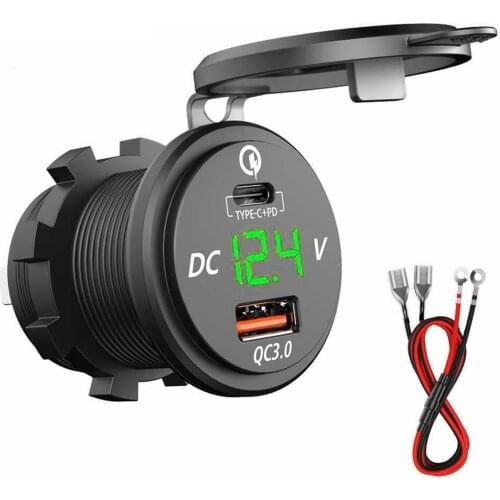 PD QC3.0 Dual USB Charger Socket Adapter With LED Voltmeter Waterproof Dustproof Cover For DC 12V-24V Car, Boat, Motorcycle etc