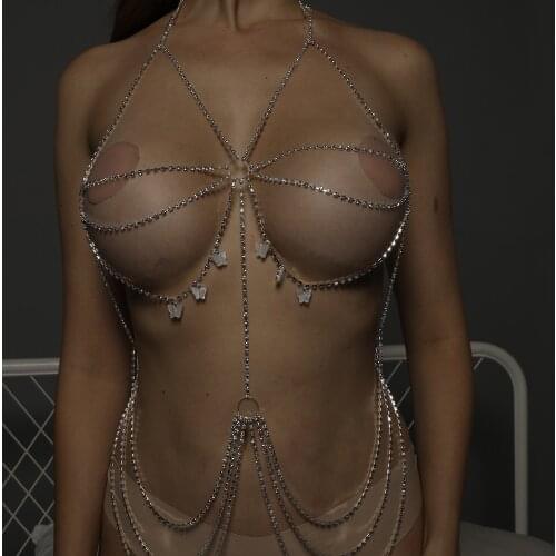 Crystal Lingerie Halter Sexy Butterfly Pendant Bra Top Rhinestone Bikini for Women Fashion Body Chain Jewelry Harness Gift Belt