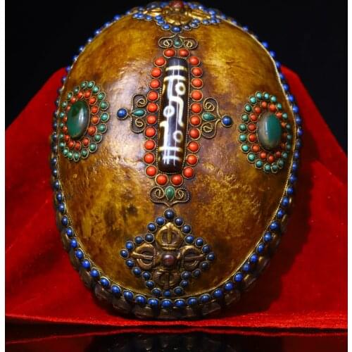 9" Tibet Buddhism Old Filigree Tibetan silver skull head inlay gem agate tantrick Kapala Bowl Cup Dzi Gabala Bowl