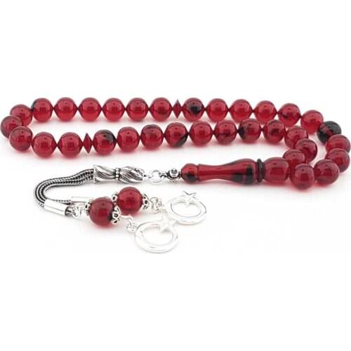 Rosary with 925 Sterling Silver Tassel and Fire Amber Stone Natural Stone Beads Middle East Prayer Islamic Muslim Tasbih