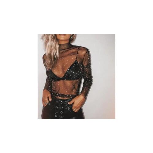 Hirigin 2020 Women Mesh Top Sexy Sheer T Shirt Transparent Tops Turtleneck See Through Clothes Female Costume Roupas Feminina