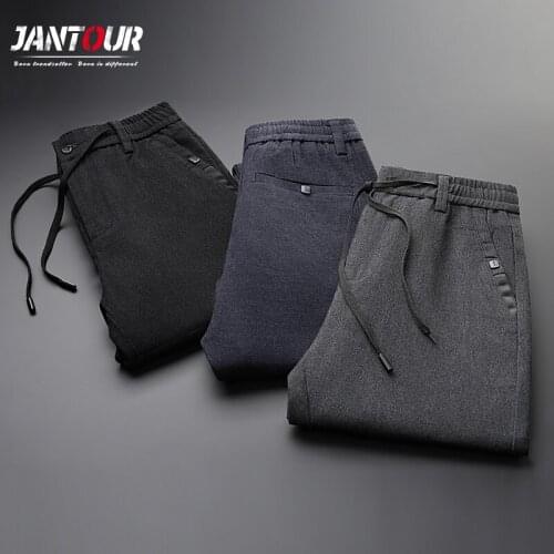 Jantour 2020 New Mens Pants Straight Slim fit Casual Trousers Large Size Cotton Fashion Men Business Suit Pants male black Grey