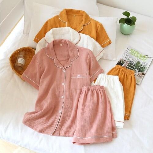 Summer couple pajamas set women solid color breathable and simple short sleeve shirt shorts sleepwear men casual homewear