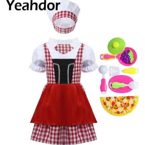 Kids Girls Baker Chef Uniform Cosplay Dress Outfit Short Sleeve Roleplay Dress+Baker Hat+Cook Tool Toy+Fruit Toy+Pizza Model Set