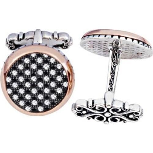 Silver Black White Zircon Stone Round Cufflinks
