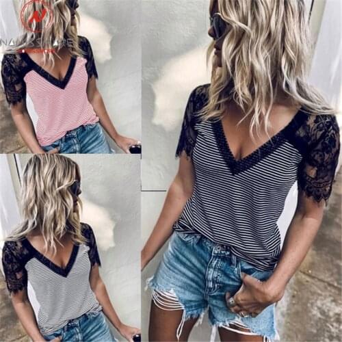 Fashion Women Summer Striped Print T-Shirts Patchwork Design Lace Deocr See Through V-Neck Short Sleeve Slim Pullovers Top
