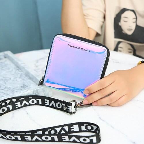 New Lanyard Laser Holographic Wallet Women Wallets Lady Short Purse Portfel Card Holder Womens Small Wallet Coin Purse Carteras