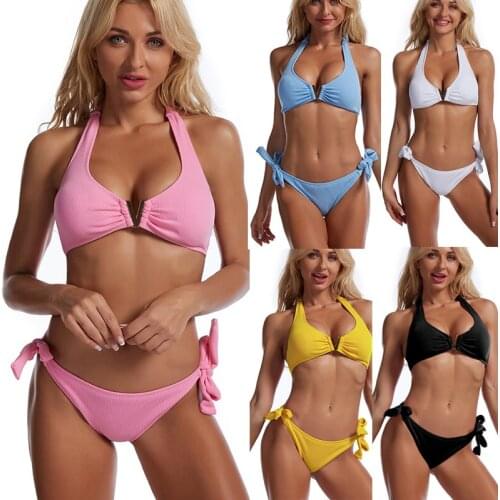 Solid Bikini 2021 Push Up Swimwear Female High Cut Swimsuit Women Sexy Bathing Suit Halter Swimming Suit 2 Pieces Set Neon