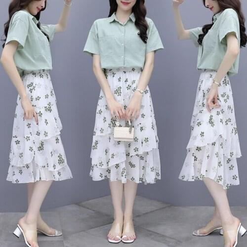 Office Lady Suit Skirt New Summer Shirt Girl + High Waist Chiffon Floral Skirt Girl Two-piece Set Suit Survetement Femme 2 Piece