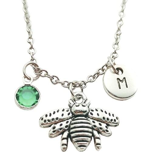 Queen Bee Animal Necklace Birthstone Creative Initial Letter Monogram Fashion Jewelry Women Christmas Gifts Accessories Pendants