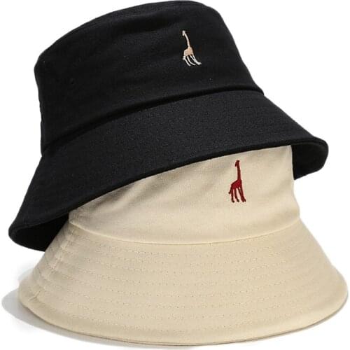 Women Cute Giraffe Embroidery Bucket Hat Girl Japanese Simple Fisherman Hat Summer Leisure Sunscreen Panama Sun Hat