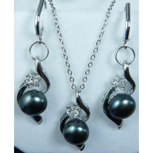 Womens gift Jewelry WGP word Natural Fine Pretty!Black Akoya Pearl Necklace +Earring Set ** plated