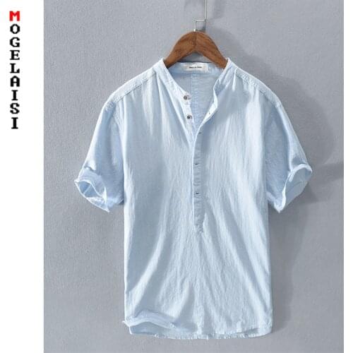 Linen cotton shirt men 2020 new summer short sleeve blue tops breathable solid soft shirt man clothing chemise homme RC210