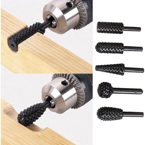 6.35mm 5pcs Steel Rotary Rasp Shank Rotary Craft Files Burrs Remover Wood Drill Bits Root Carving Grinder Woodworking Hand Tool