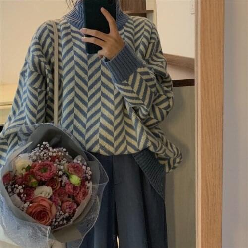 Swters Woman Winter New Arrival Casaul Vintage Fashion Loose Chic Hit Color Pullover Crew Neck Sweater Ins Female Pullovers