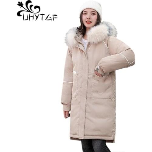 UHYTGF Women Down Jacket Plus Size Winter Coat Female Down Cotton Jacket Women Parka Thicken Outerwear hooded padded Parkas X564