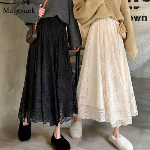 Spring A-line High Waist Skirts Women Elastic Elegant Black Lace Long Skirt Korean Autumn New Casual Female Jupe Femme 13063
