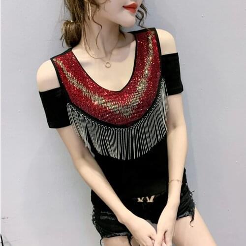 2021 Fashion Off Shoulder Diamond T-Shirt Ladies V-Neck tassel summer Tops T-Shirts Women Large size Short sleeve