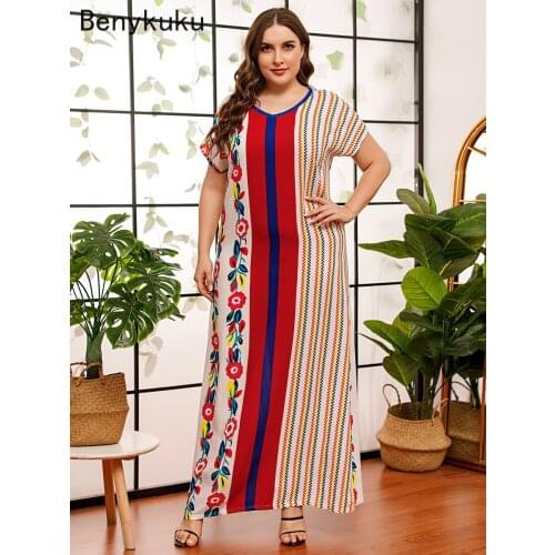 Women Casual Short Sleeve Floral Printed Dress Plus Size Clothing African Dashiki Loose Abaya Kaftan Ramadan Robe Moroccan Gown