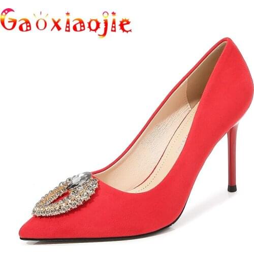 Women Pumps 2021 New 9.5CM Glistening Water Drill Buckle Career Office Stiletto Shoes Sexy Pointed Toe Flock Wedding High Heels