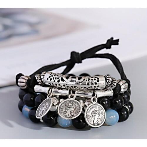 Charm Black Stone Beaded Leather Bracelet Set Womens Ethnic Coin Tassel Pendant Bracelets&Bangles Vintage Jewelry Femme