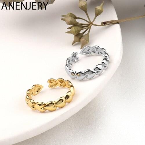 ANENJERY 925 Sterling Silver Heart Connected Ring for Women Personality Fashion Open Ring S-R477