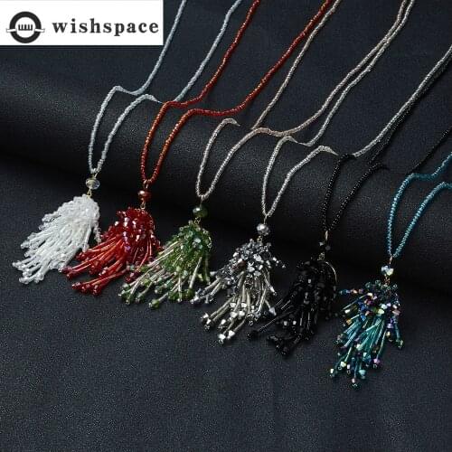 Wishspace hand-woven crystal bead necklace pendant women fashion sweater chain long necklace gift jewelry wholesale