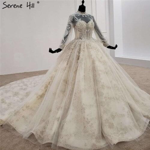 Serene Hill Dubai Champange High Neck Luxury Wedding Dress 2020 Beading Sequins Long Sleeves Bridal Gown Custom Made CHX0108