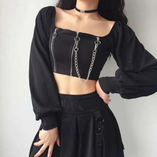 2021 New Retro Women Slim Long Sleeve Square Neck Zipper Chain Blouse Crop Top T-shirt