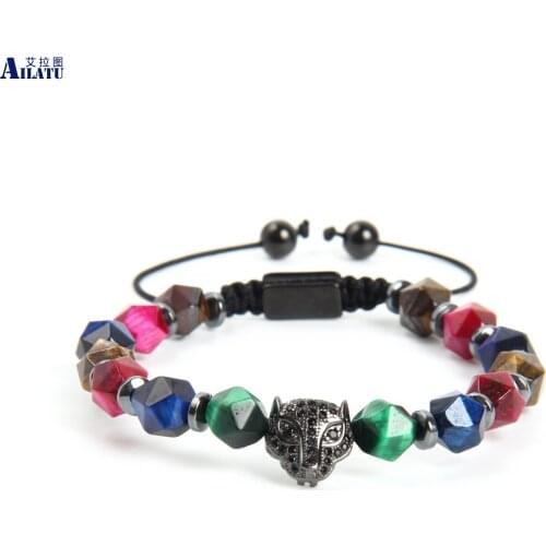 Ailatu New Black Cz Panther Bracelet with 8mm Faceted Cut Tiger Eye Stone Beads Top Quality Couples Leopard Jewelry Logo