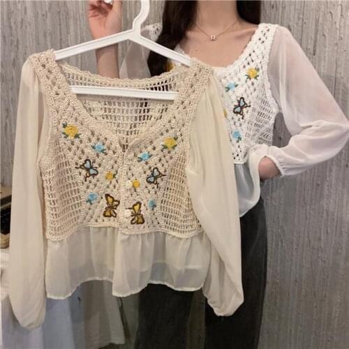 Blouse Women Shirt Hollow Crocheted Stitching Lace Short Chiffon Shirt Top For Women Blusas Mujer De Moda