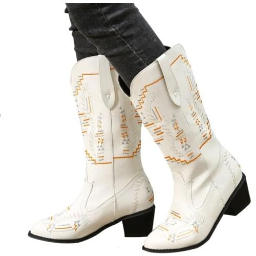 Genuine Leather Cowgirl Boots Chunky Botas Mujer Brand Designer Cowboy Boots Embroider Casual Shoes Cossack Retro Botas Mujer488