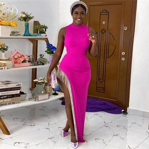 Round Neck Diamonds Tassel Long Dress Sexy High Split Sleeveless Tight Bandage Dress Vestidos Women Celebrity Evening Party Club