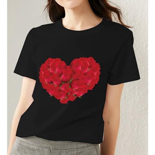 Womens Print T-shirt Fashion Harajuku Style Love Heart Pattern Series Female Short Sleeve Tops Black Casual Womans Tee Clothes