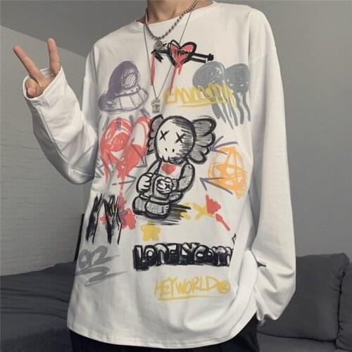 Cotton Loose T Shirt Men Harajuku Cartoon Tops Streetwear Casual Long Sleeve Funny Tops Summer Cool High Street Tshirts Males