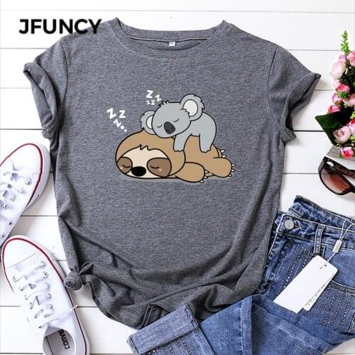 JFUNCY 2020 New Printed Women T Shirt Summer Cotton T-shirt Short Sleeve Female Cartoon Tee Plus Size Ladies Tops Woman Tshirt