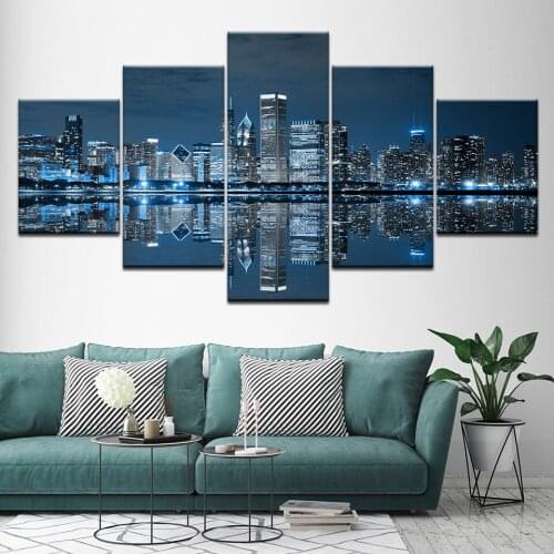 Canvas Painting Art Decor- Chicago Downtown at Night 5 Pieces Art Modular Wallpapers Poster Print for living room Home Decor