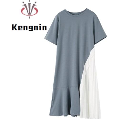 Oversized Summer Dress Women Dress 2021 New Cotton Patchwork Chiffon Female Robe Dress O-Neck Fords T-Shirts Loose Dress KE1189