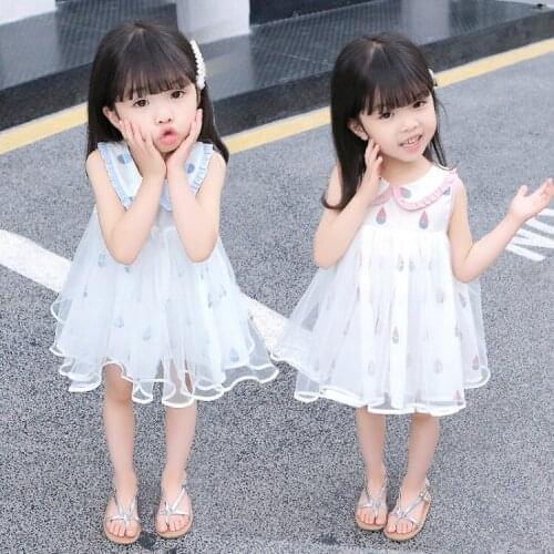 Summer New Fashion Girls Ice Cream Print Mesh Dresses Peter Pan Collar Sleeveless Dress Child Clothing