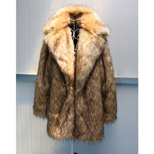 Mens Mid-Long Lapel Jacket Faux Racoon Fur Clothing Winter Warm Thicken Coats B10