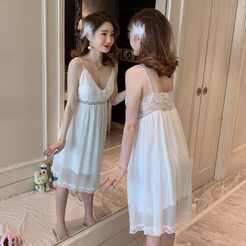 Nightdress Womens Summer Nightdress Thin Sling Gown Sexy Nightgown Lace Backless Court Princess Dress with Bra Female Sleepwear