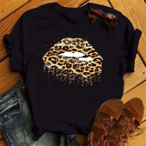 New Harajuku Women T Shirts Leopard Lips Print Tshirt Funny T Shirt Female Short Sleeve Black Tops Tee Fashion Women T-shirts