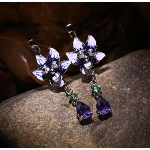 Women New Fashion 925 Silver Jewelry Set Beautiful Flower Stamen Handmade Enamel Necklace Earring Set Wedding Party Jewelry Set
