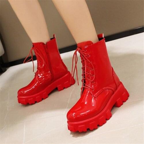 PXELENA 2020 Hot Patent Leather Chunky High Heels Platform Combat Boots Lace Up Round Toe Military Motorcycle Ankle Boots 34-43