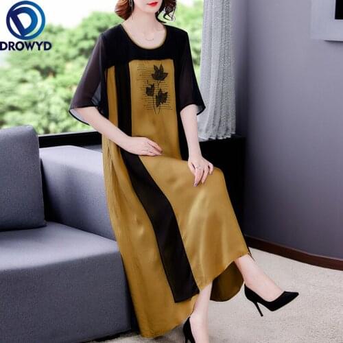 2021 Vintage Loose Floral Embroidery Mulberry Silk Dress Summer O-neck Chiffon Maxi Dress Fashion Elegant Bodycon Party Vestidos