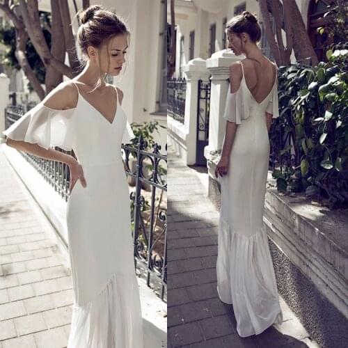 Mermaid Chiffon Simple V Neck Bridal Gowns Cold Shoulder Summer Open Back Flutter Sleeves Custom Made Beach Wedding Bride Dress