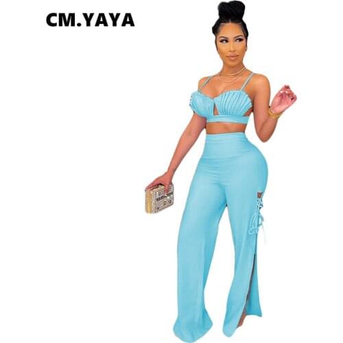 CM.YAYA Women Set Solid Strap V-neck Crop Tops Side Splited Bandage Wide Leg Pants Two 2 Piece Sets Sexy Fashion Outfit Summer