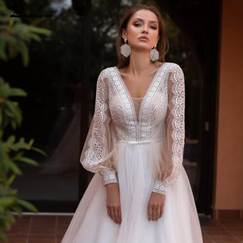 Sexy Puffy Long Sleeve Boho Wedding Dresses for Chic Boho Bridal Reception Beach Wedding Party Gowns 2021 Sukienka Biała
