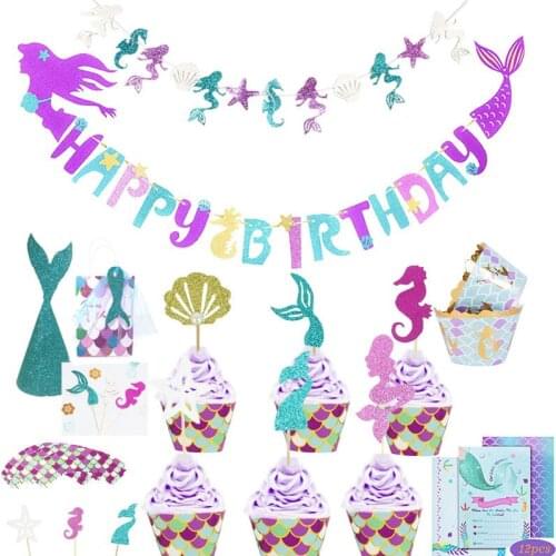Mermaid theme girl dream birthday party decoration supplies underwater little mermaid fish tail birthday flag decoration