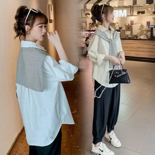 585# Maternity Tops Spring Autumn Stripe Turn Down Collar Long Sleeves Easy Matching Loose Stylish Tops Pregnant Women